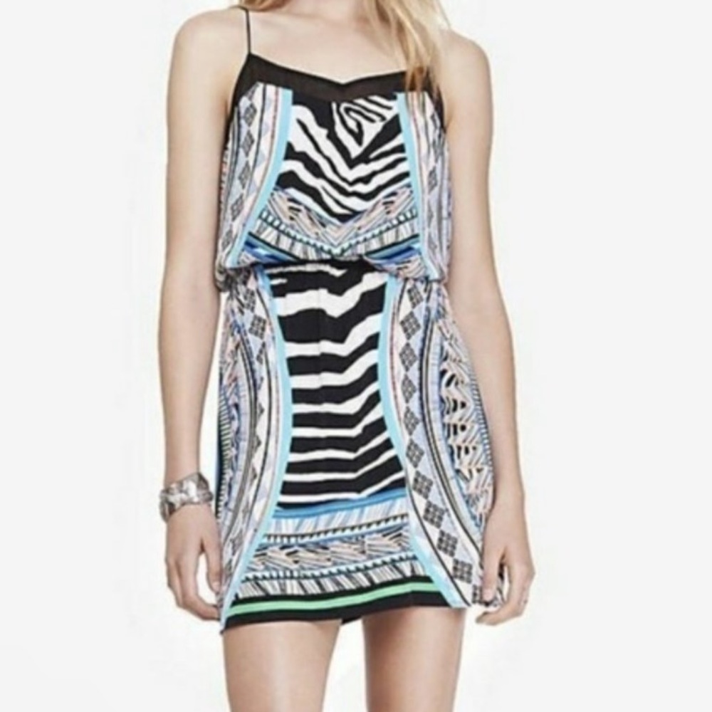Express spaghetti-strap mini dress with zebra/artsy multi-colored print, small.